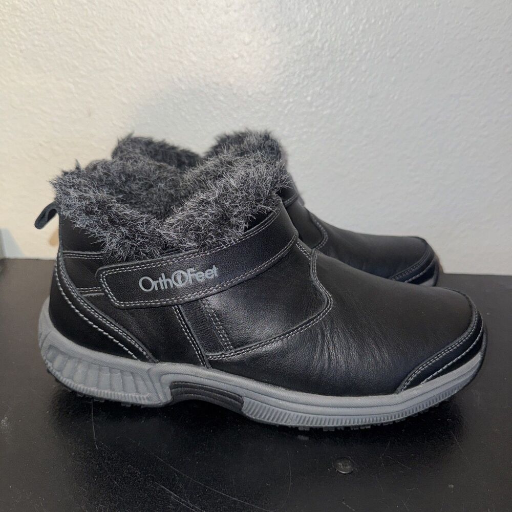Orthofeet Siena 793 Boots Womens 9 D Wide Black Leather Faux Fur Zip Winter